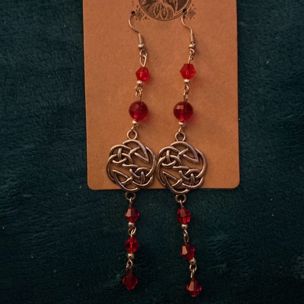 Red Beaded dangle Celtic Knot Earrings